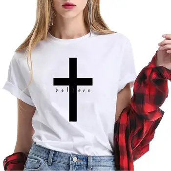 2020 Damska koszulka Unisex Wzór Estetyczny Tumblr Krzyż Chrześcijański Rękaw Grunge Camisetas Graficzny Top t-Shirt Damski, Odzież