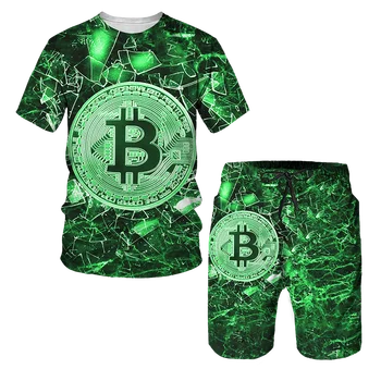 Letnie fajne męskie t-shirty z 3D print, Modne Zestawy z Krótkim Rękawem, męska Odzież Sportowa, t-Shirt z wizerunkiem Bitcoinów + Spodenki, mężczyzna Dorywczo Strój