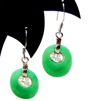 Qingmos 12*15 mm Owalne Naturalne Zielone Jade Wiszące Kolczyki dla Kobiet z Chińskim Słowo 
