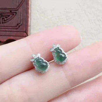 Unikalny projekt diament naturalny zielony chalcedon dynia jajko makaron kolczyki chiński retro elegancki, świeży, dziewczęcy srebrne ozdoby