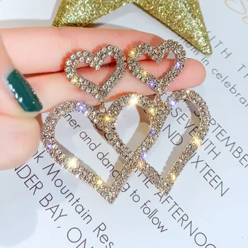 USTAR Bling Podwójne Serce Geometryczne Wiszące Kolczyki dla Kobiet Dziewczyn Biżuteria Оверсайз Złote Wiszące Kolczyki z Kryształami Wieczorowe Biżuteria